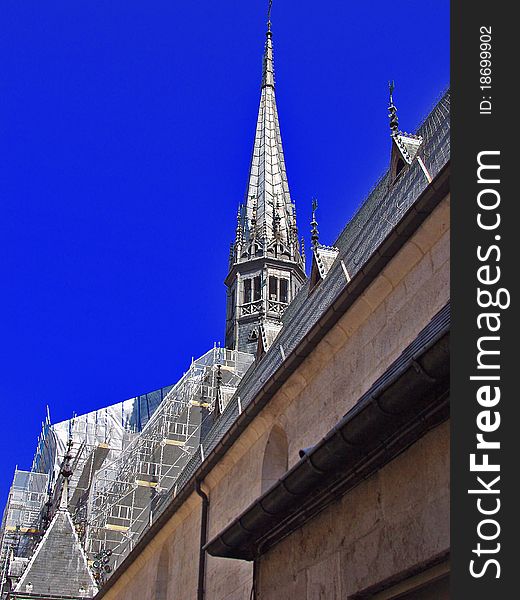 Restoration of historic buildings. Scaffolding around the building