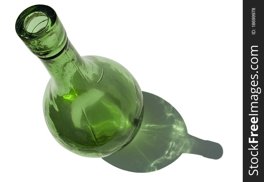 Green bottle with shadow on white