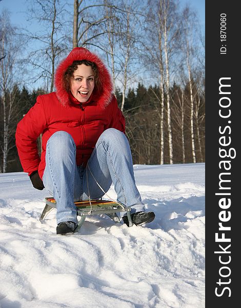 Girl on sled in a forest blue sky