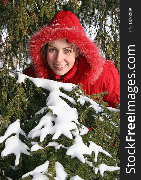 Winter tree and woman smiling