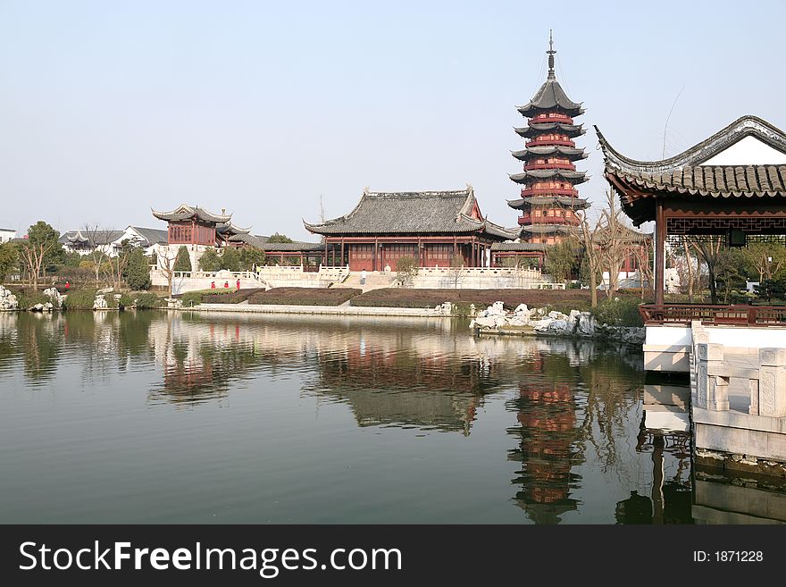 Chinese traditional garden with lake, Pagoda, pavilion, long gallery, etc. Chinese traditional garden with lake, Pagoda, pavilion, long gallery, etc.
