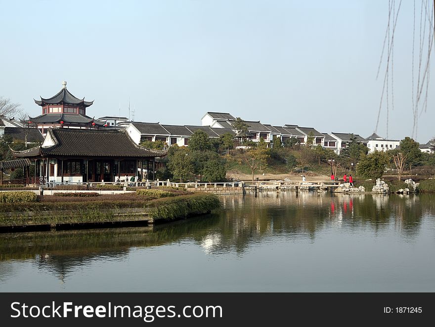 Chinese traditional garden with lake, Pagoda, pavilion, long gallery. Chinese traditional garden with lake, Pagoda, pavilion, long gallery