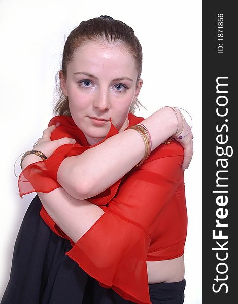 The portrait of a   girl in the red blouse