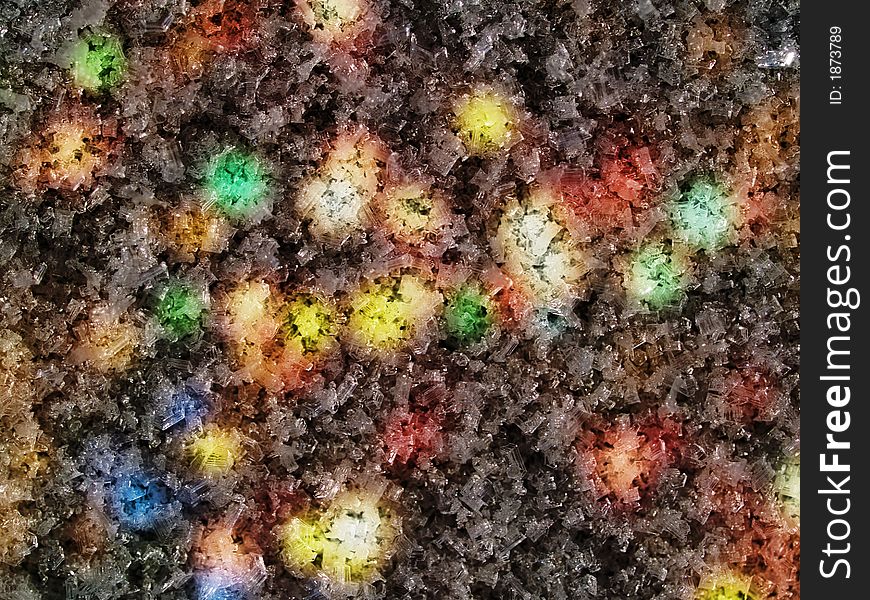 Close-up of hoar-frost with coloured lights horizontal abstraction. Close-up of hoar-frost with coloured lights horizontal abstraction