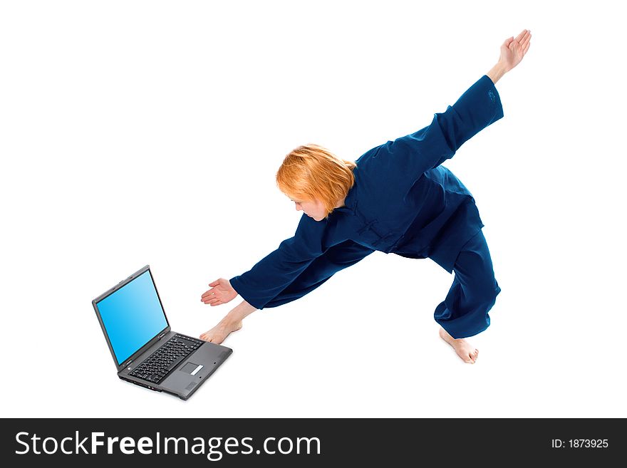 Young woman in kimono attend yoga with laptop on white background