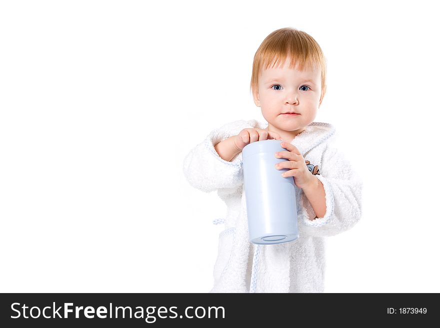 Beauty baby inbathrobe with plastic jar on white background