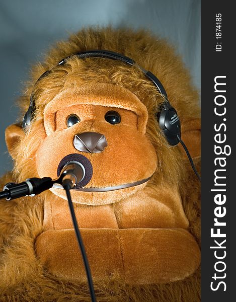 Large stuffed gorilla with headphones and microphone. Large stuffed gorilla with headphones and microphone.