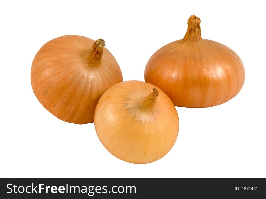 Three onions, isolated on white, clipping path included