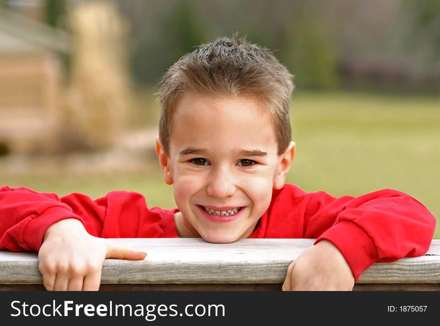 A Young Boy Smiling with chin on railing. A Young Boy Smiling with chin on railing