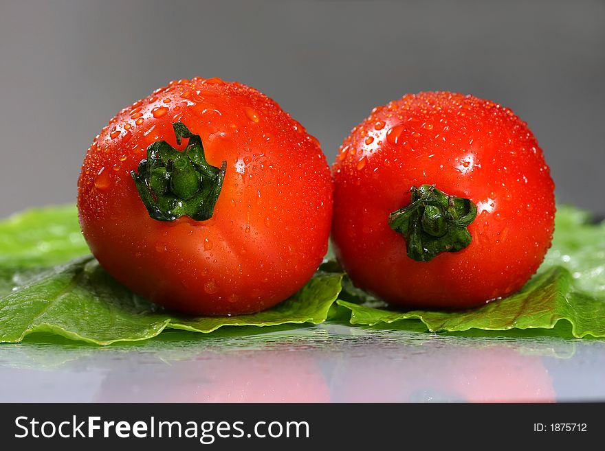 Full view of fresh couple tomato on the green colza background