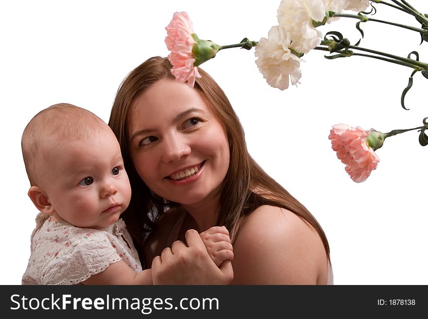 Happy young mother with her little daughter and flowers. Isolated on white background. Happy young mother with her little daughter and flowers. Isolated on white background