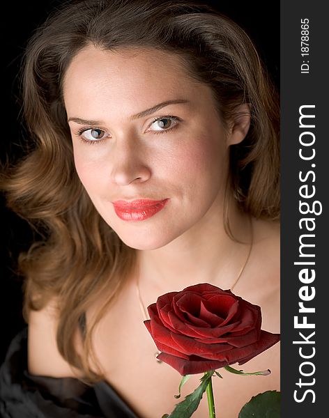 Beautiful Lady With Red Rose. Portrait