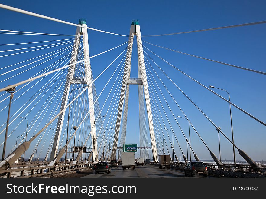 A modern highway bridge. View through the car window.