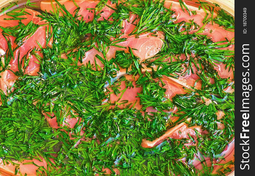 Juicy meat with dill, closeup. Juicy meat with dill, closeup