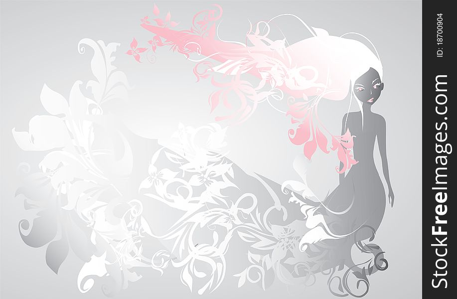 Illustration with gray and pink girl on white background and oval and flower and petal. Illustration with gray and pink girl on white background and oval and flower and petal