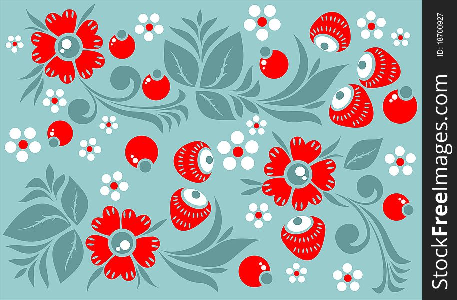 Stylized pattern with flowers and berries on a green background. Stylized pattern with flowers and berries on a green background.