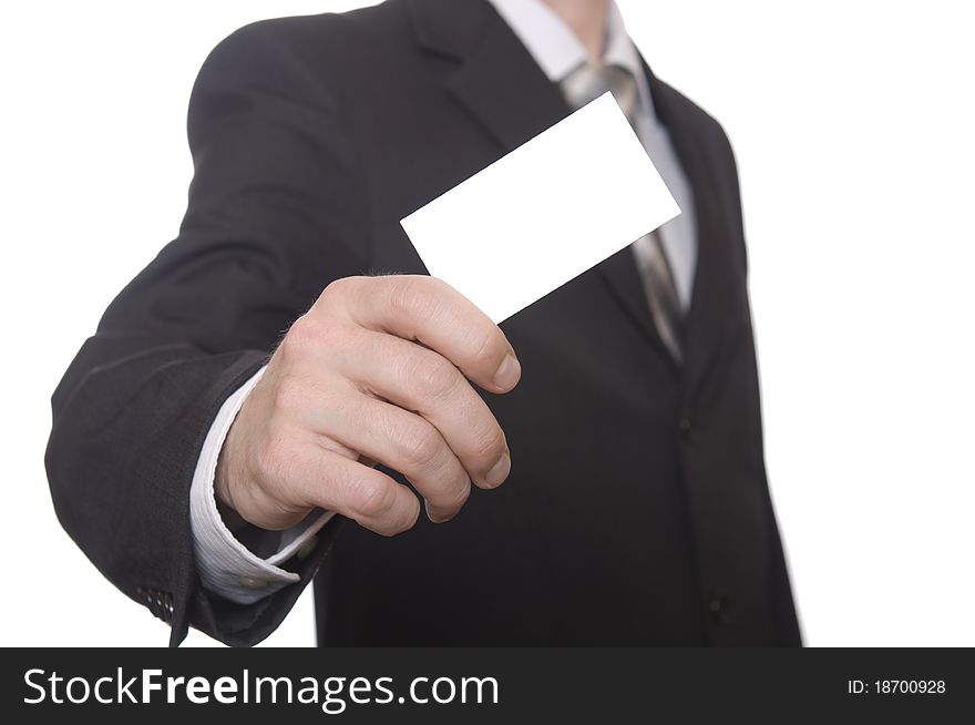 Businessman handing a blank business card over white