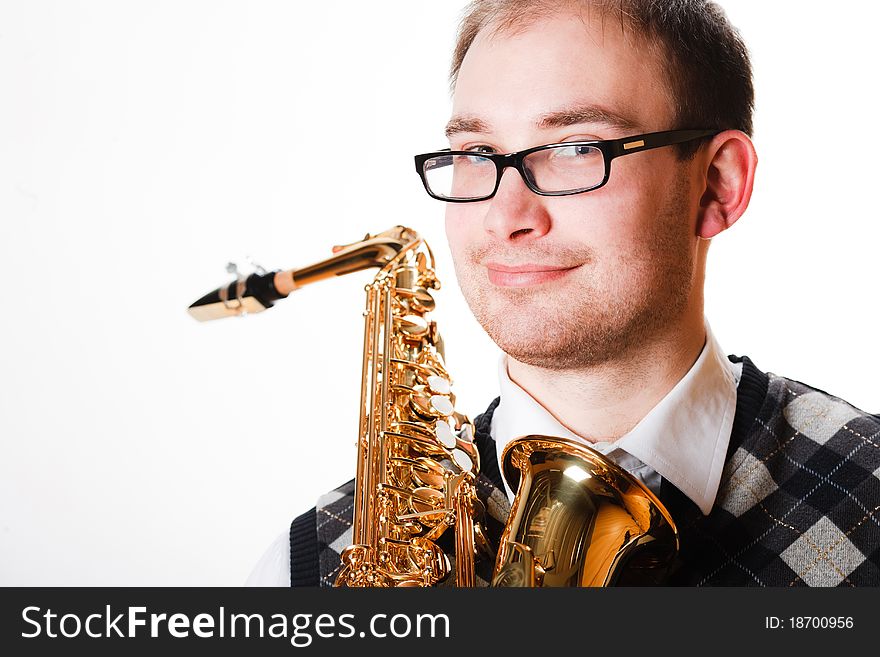 Portrait of a man with a saxophone isolated on white