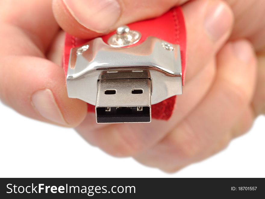 Make hand with mini USB drive isolated with clipping path on white background. Make hand with mini USB drive isolated with clipping path on white background