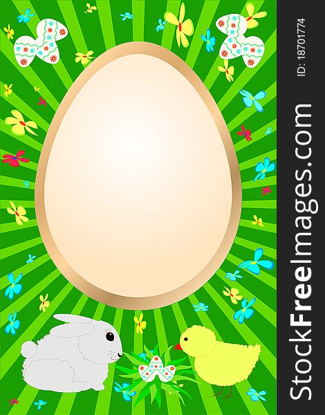 Easter card with rabbit, chicken and flowers on a green background   with the effect of  radiation