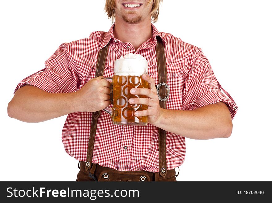 Bavarian man with leather trousers (Lederhose) holds Oktoberfest beer stein. Isolated on white background. Bavarian man with leather trousers (Lederhose) holds Oktoberfest beer stein. Isolated on white background.