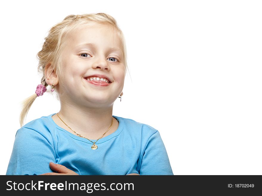 Cheerful blond girl smiles happy at camera. Isolated on white background.