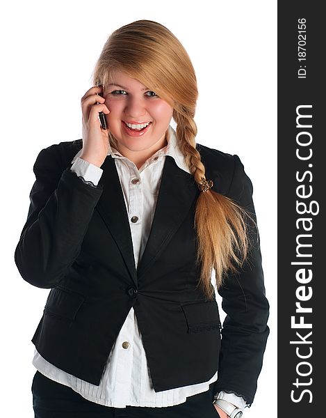The businesswoman communicates with colleagues by phone. The businesswoman communicates with colleagues by phone