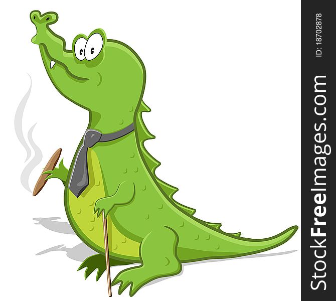 Illustration, green crocodile with cigar and walking stick