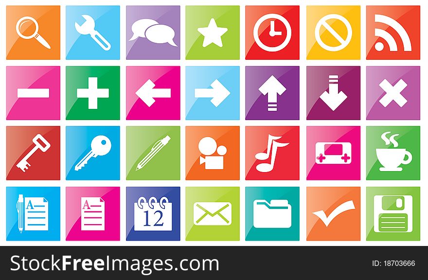 Colorful square buttons with white symbols for web. Colorful square buttons with white symbols for web