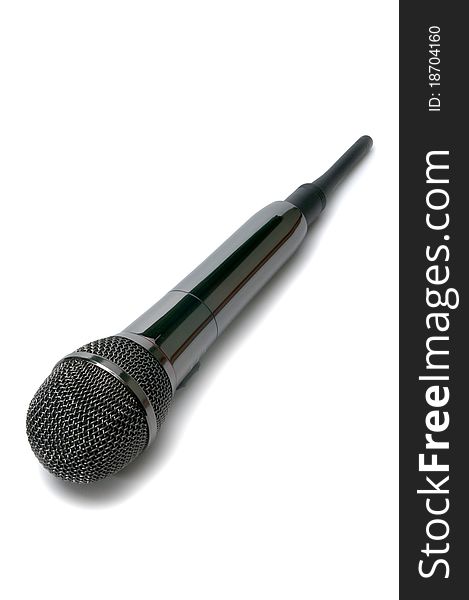 Isolated black metal wireless microphone on white background