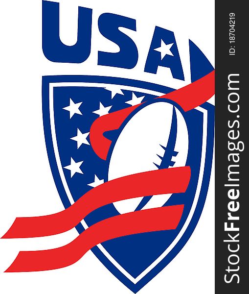 Illustration of a American rugby football ball with red ribbon stripe and stars shield with words USA