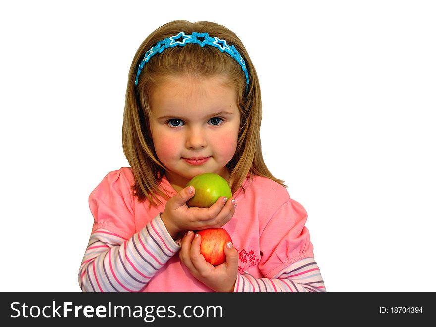 The beautiful child holds apples in hands. The beautiful child holds apples in hands