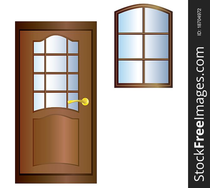 Isolated brown door with a golden handle and a window on a white background. Isolated brown door with a golden handle and a window on a white background.