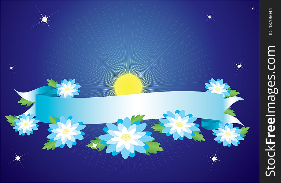 Blue banner and flowers on a blue background with the rays and stars. Blue banner and flowers on a blue background with the rays and stars.