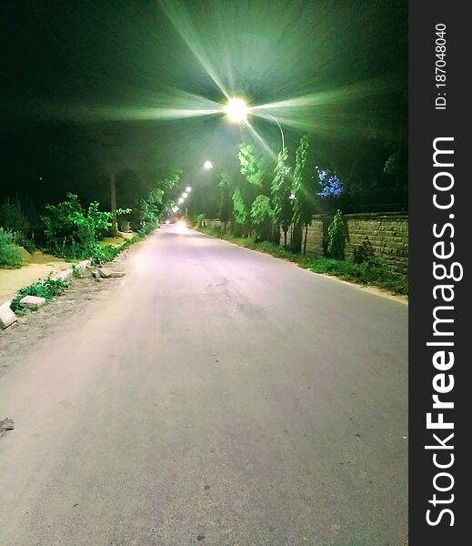 Night Empty Road With Street Lights