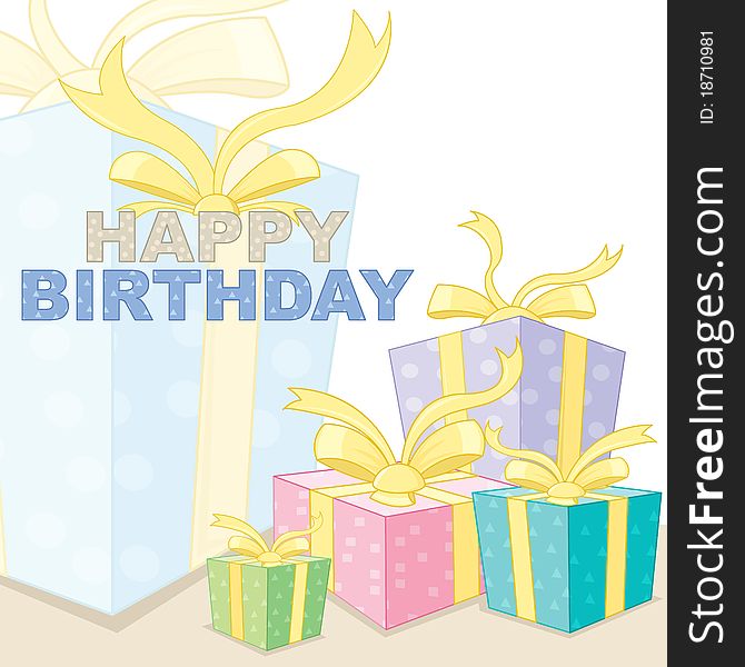 Illustration of happy birthday text with many gift boxes