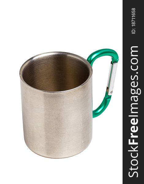 Stainless steel camping mug with carabiner handle isolated on white.