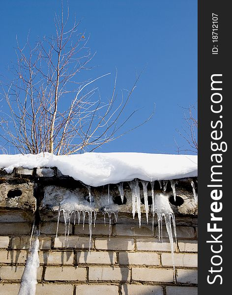 Icicles in winter and summer tree roots do harm for old buildings. Icicles in winter and summer tree roots do harm for old buildings