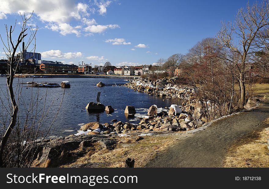 Spring sea bay in Southern City Karlshamn - view from the park. Spring sea bay in Southern City Karlshamn - view from the park