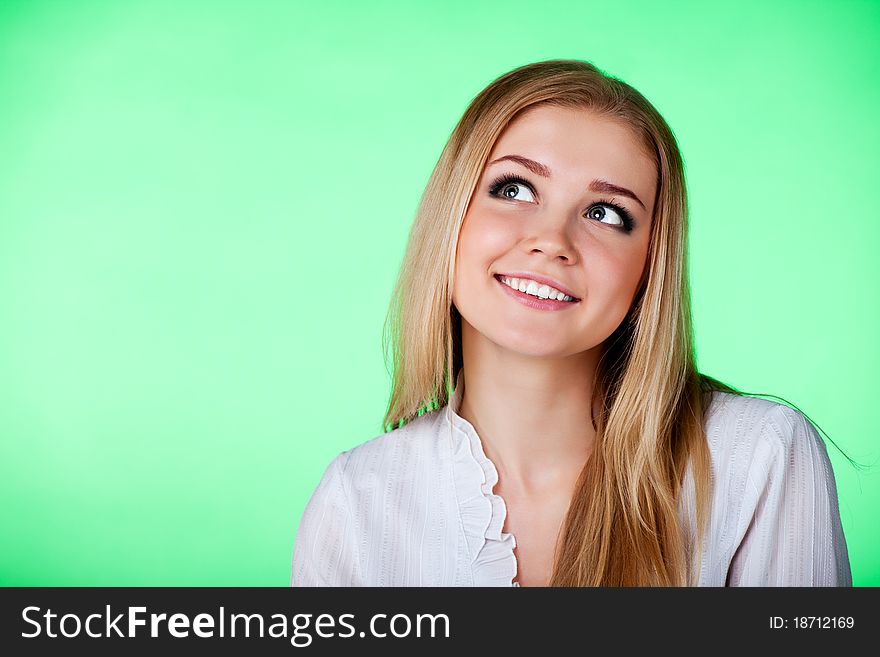 Closeup portrait of a beautiful young lady giving surprised look