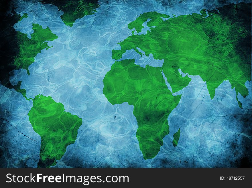 Illustration of world map on water texture