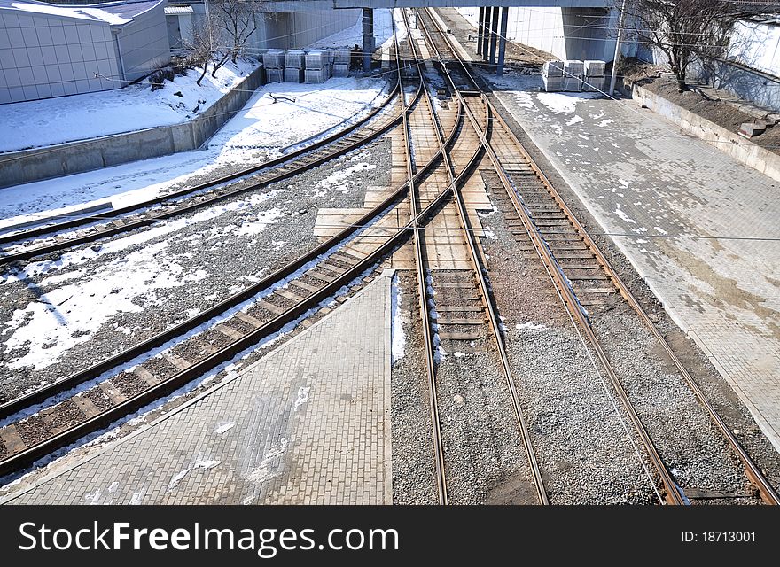 Street railway junction under bridge, Kyiv, Ukraine