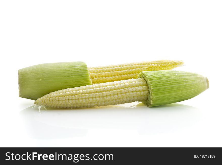Fresh baby corns on white background