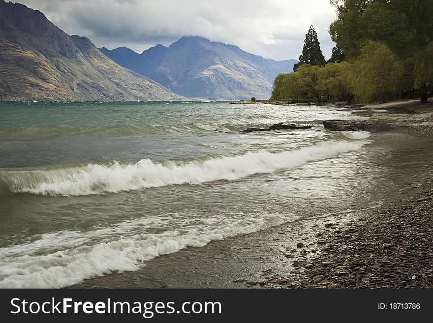 Lake shore and mountain view of Queenstown New Zealand. Lake shore and mountain view of Queenstown New Zealand