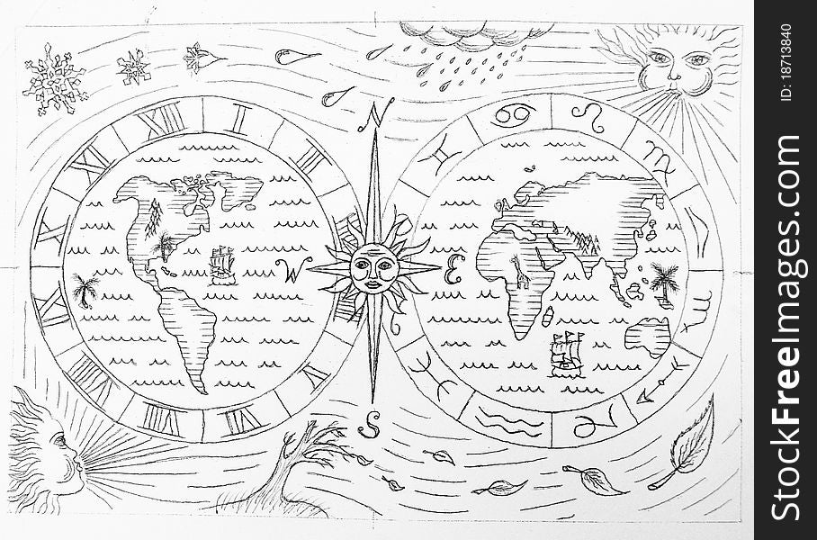 Drawing of vintage map with seasons
