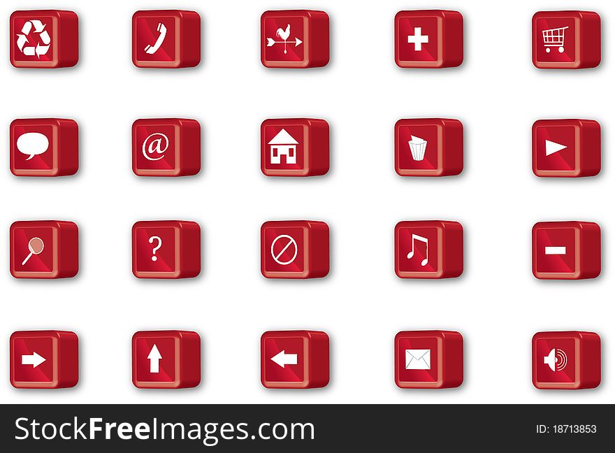 Red  square navigation button icons set. Red  square navigation button icons set