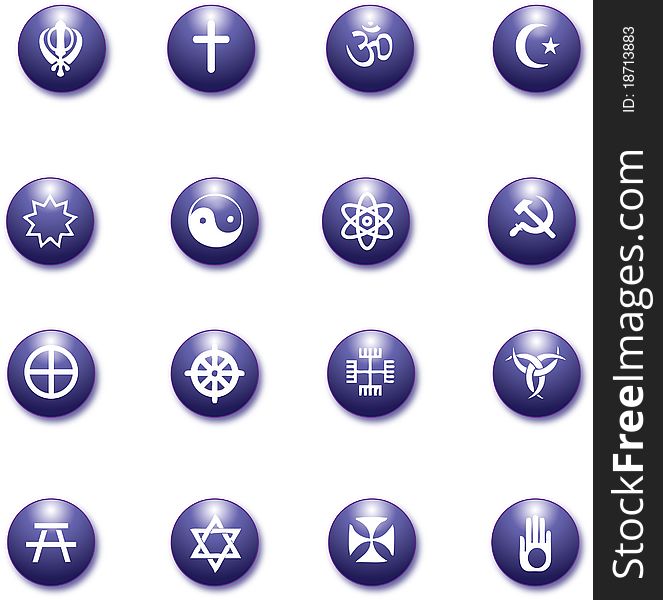 Religious purple shiny icons set. Religious purple shiny icons set