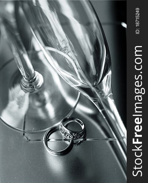 Wedding Rings and Champagne Flutes Black and White