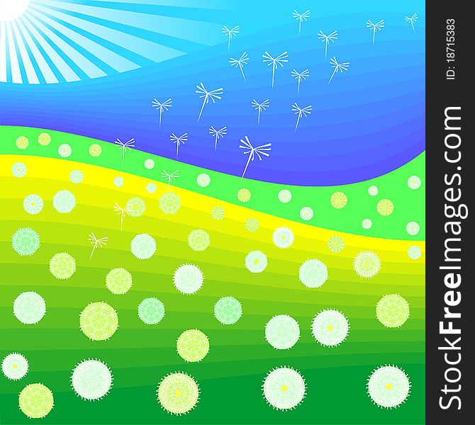 Summer landscape with beautiful bright dandelion against daybreak sky and meadows vector . Summer landscape with beautiful bright dandelion against daybreak sky and meadows vector