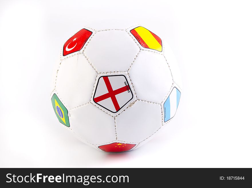 A multicolored soccer ball that represents different teams isolated on a white background. A multicolored soccer ball that represents different teams isolated on a white background